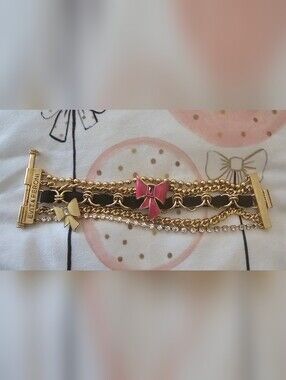 Eliza Peroni Gold Tone Layered Bow Bracelet with Pink Accent